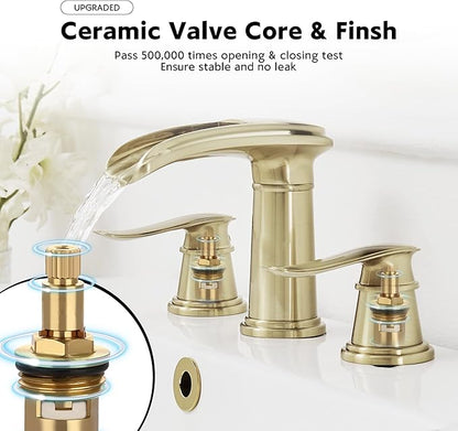 BWE Waterfall Bathroom Faucet, Brushed Gold 8 Inch Widespread Bathroom Sink Faucet Two-Handle with Pop-up Drain, for Vanity, Lavatory Sink