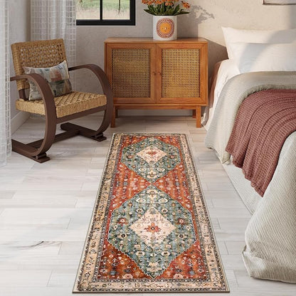 Lahome Felice Boho Tribal 2x6 Washable Runners for Hallways Non Slip, Bohemian Kitchen Mats for Floor, Vintage Bathroom Entryway Carpet Runner for Laundry Living Bedroom (Rust/Dull Teal,2x6ft)