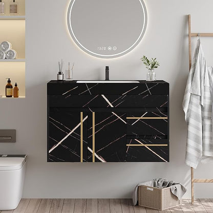 36 inch Modern Floating Bathroom Vanity with Ceramic Sink, Wall Mounted Bathroom Cabinet with Faux Marble Countertop, Soft Closing Doors & 2 Storage Drawers for Small Space, Black