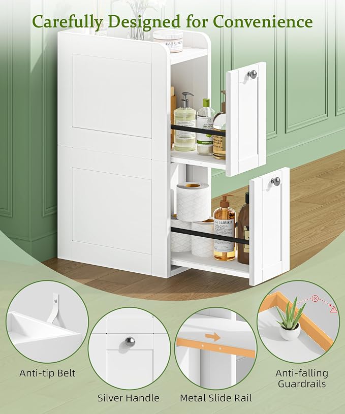 Keehusux Slim Bathroom Storage Cabinet with 2 Slide Out Drawers, White | Narrow Storage Organizer, Anti-drop Guardrail, Freestanding Toilet Paper Holder for Kitchen Corner and Small Spaces, Modern