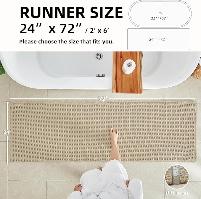 TYUU Waffle Runner Rug Bathroom, Long Boho Bath Mat, 72x24 Pale Beige | Super Absorbent Quick Dry Bath Rug, Non-Slip Backing, Soft Waffle Washable Farmhouse Bathroom Mats, Tub, Shower & Home Decor