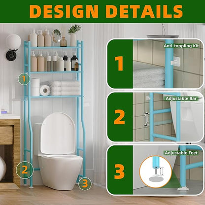 3-Tier Over Toilet Storage with Anti-Tilt Safety System - 150lb Total Capacity Metal Bathroom Shelves Including Paper Holder & 4 Hooks, Space Saving Above Commode Organizer (64" H, Blue)