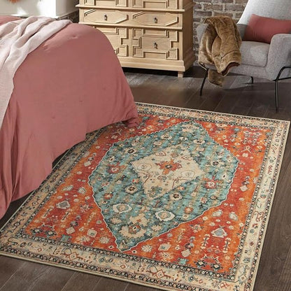 Lahome Felice Boho Tribal Square 4x4 Washable Rug, Soft Living Room Kitchen Entry Rugs with Rubber Backing, Oriental Non-Slip Indoor Throw Bedroom Carpet for Nursery Office (Rust/Dull Teal,4x4ft)
