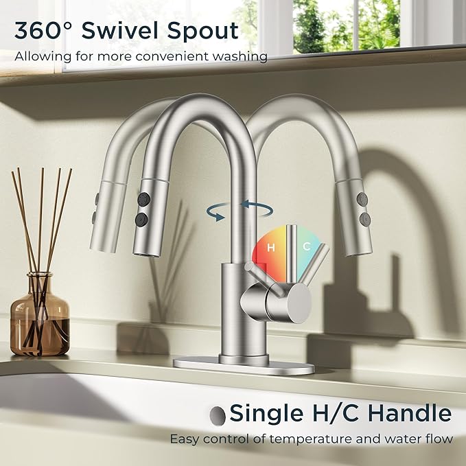FORIOUS Bathroom Faucet 1 Hole with Pull Down Sprayer, 3 Hole Brushed Nickel Bathroom Sink Faucet with Pop Up Drain for RV Bar Laundry Vanity Utility Sink Remodel, Single Handle Design