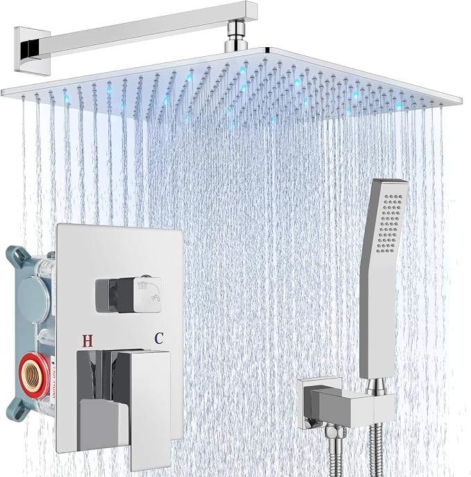 Aolemi Shower Faucet Set with Valve Handheld 16" LED Head Polish Chrome | Handheld Spray,16 Inch Rain LED Head,Valve and Trim Kit,All Metal,Wall Mount Shower System,Bathroom Mixer