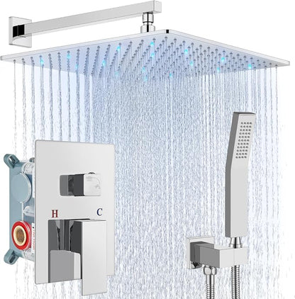Aolemi Shower Faucet Set with Valve Handheld 16" LED Head Polish Chrome | Handheld Spray,16 Inch Rain LED Head,Valve and Trim Kit,All Metal,Wall Mount Shower System,Bathroom Mixer
