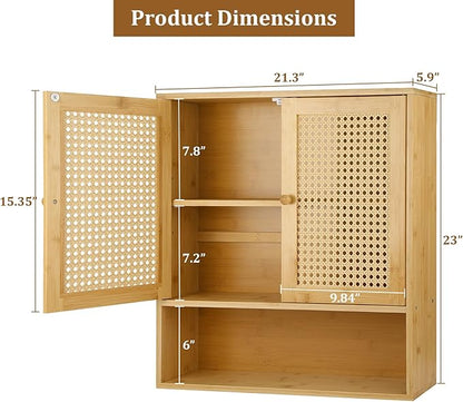 Bamboo Cabinet Wall Mount, Rattan Medicine Cabinet with Shelves and Doors, Wall Cabinet Above Toilet, Storage Organizer for Laundry Room, Kitchen, Living Room