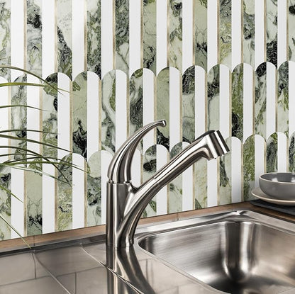 Vamos Tile Peel and Stick Backsplash Seamless Tile,Fish Scale,Glossy,10 pcs | Stick on Backsplash for Kitchen & Bathroom, White+Ice Green Marble+Light Gold PVC Self Adhesive Mosaic Tiles 11.9''x10.8''