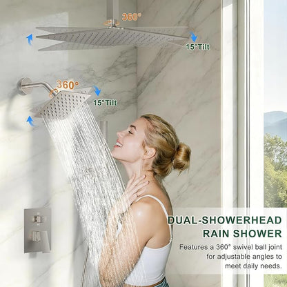 Rain Shower System with Rough-in Valve, Ceiling Mount Shower Faucet Set with 12"&6" Dual Rain Shower Heads, 2-in-1 Handheld Shower, Tub Spout, 4-Function Complete Shower Fixture,Brushed Nickel