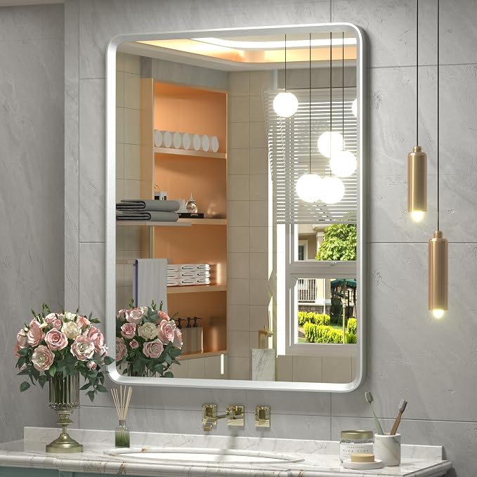 24x32 Silver Bathroom Mirror, Silver Vanity Mirror for Wall, Rounded Rectangle Mirror with Beveled Border, Anti-Rust, Polished, Shatterproof (Horizontal/Vertical) | Silver Metal Framed Mirror, Rounded Rectangle, Beveled Border, Anti-Rust, Painted, Shat...