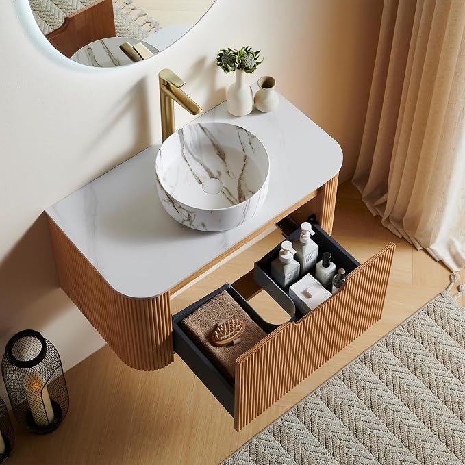 36" Bathroom Vanity with Sink, Plywood Cabinet, Nature Wood | Plywood Cabinet, Single Sink, Doubel Sink, Ceramic Basin & Marble Countertop, Pre-Assembled