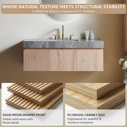 48” Floating Bathroom Vanity with Sink, Wall-Mounted Cabinet with Drawer & Doors, Gray Travertine-Pattern Sintered Stone Top, Undermount Basin, 3 Faucet Hole, Soft-Close, Pre-Assembled, Light Oak