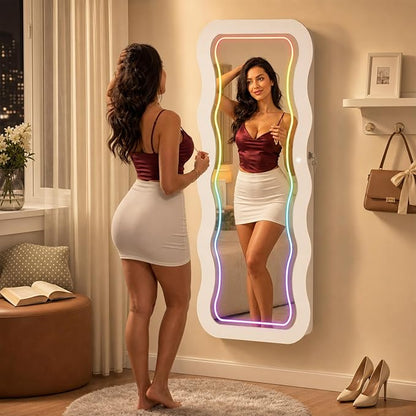 Fiqevs RGB Mirror Jewelry Cabinet, Remote Control LED Wavy Wall Door Mirror | Hanging Mirror with Storage, Full-Length, Lockable, Jewelry Organizer with Lighted Mirror, White Jewelry Armoire