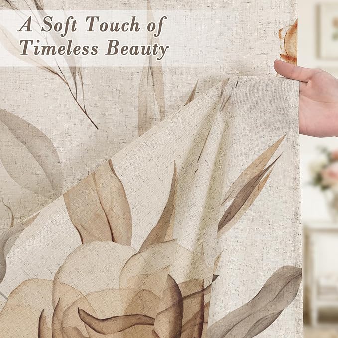 Light Brown Floral Linen Shower Curtain, Watercolor Botanical, 72 x 72 | Boho Floral Design, Watercolor Botanical Style, Ink Painting Flowers & Leaves, Linen Blend Fabric Curtain