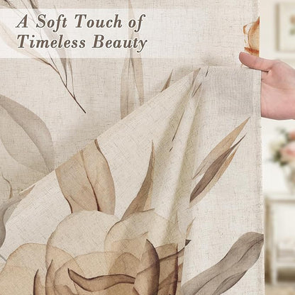 Light Brown Floral Linen Shower Curtain, Watercolor Botanical, 72 x 72 | Boho Floral Design, Watercolor Botanical Style, Ink Painting Flowers & Leaves, Linen Blend Fabric Curtain