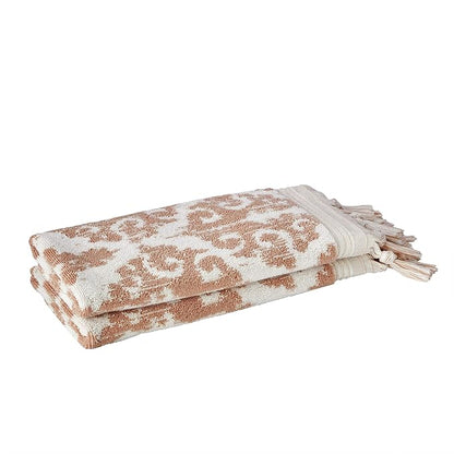 SKL Home Mirage Fringe Hand Towel Set-2pc, 100% Turkish Cotton, Blush | 640 GSM weight. Spa-level quality. Soft & absorbent, reversible jacquard. For the bathroom, kitchen, bar or any sink space.