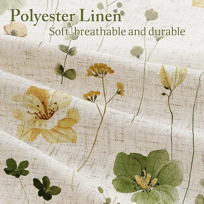 OliveGreen Linen Watercolor Floral Fabric Shower Curtain, 72x72 | Linen Fabric, Modern Minimalist Floral Print, Machine Washable, Rustproof Grommets, for Bathroom Home