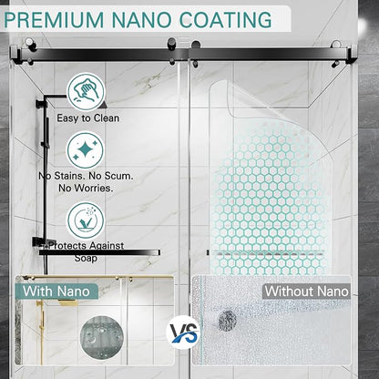 55-60" W x 72" H Frameless Double Sliding Shower Door for Walk-in Shower,5/16" (8mm) SGCC Certified Clear Tempered Safety Glass,Easy-Clean Coating,Quiet Heavy-Duty Roller System,Matte Black