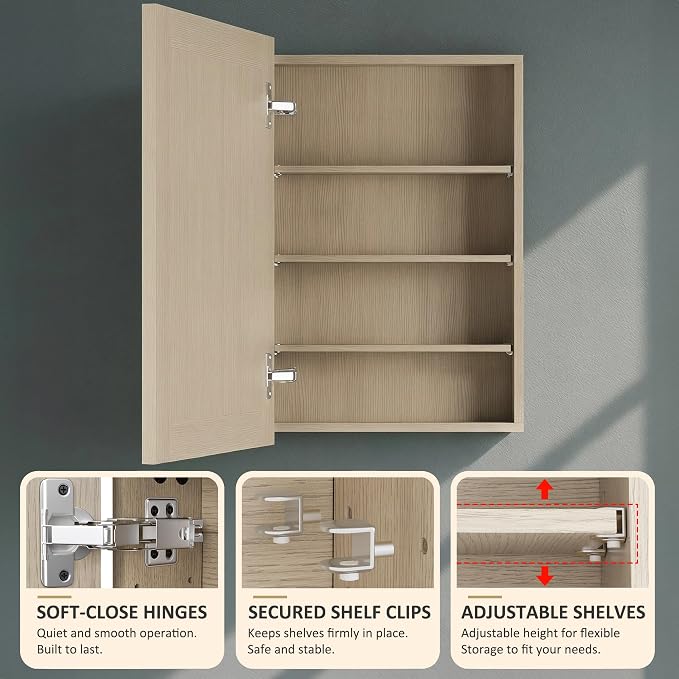 Buruis 20 x 28 Inch Bathroom Wood Medicine Cabinet Mirror, Oak Finish | Fully Assembled Design, Adjustable Glass Shelves, Soft-Close Hinges, Bathroom Storage Organizer, Left/Right Opening