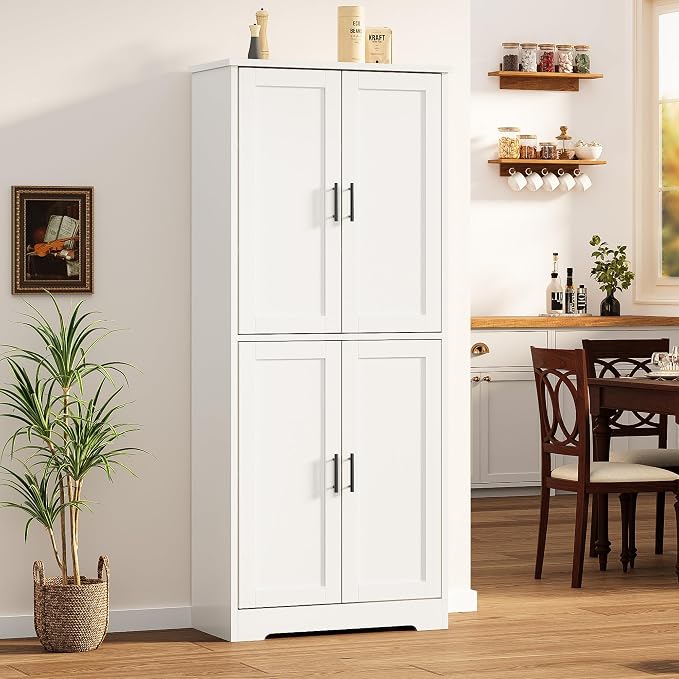IDEALHOUSE Pantry Cabinet,70" Tall Kitchen Pantry Cabinet with 4 Doors and 3 Adjustable Shelves, Freestanding Cupboard, Modern Storage Cabinet for Bathroom, Dining Room, Living Room (White)