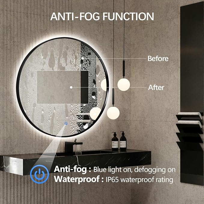 Niccy Round LED Bathroom Mirrors, Black Framed Backlit Vanity Mirror, 24" | LED Smart Circle Mirror with 3 Color Lighting, Anti-Fog Lighted, IP65 Waterproof, Wall Mounted Bathroom Vanity