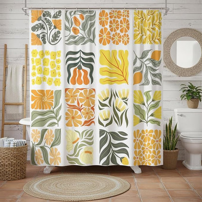 JAWO Cute Boho Floral Shower Curtain, Vintage Yellow Abstract Floral Retro Aesthetic Plant Shower Curtain for Bathroom, Funky Unique Waterproof Fabric Polyester Bath Curtains Decor with Hooks,70Wx75H