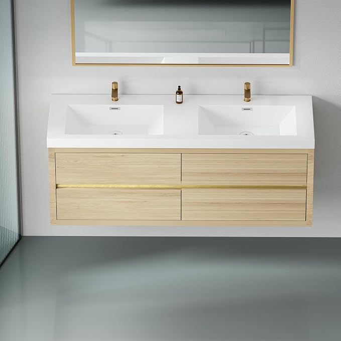 60" Floating Bathroom Vanity with Double Sinks, Wall-Mounted Bathroom Storage Vanity Cabinet with Resin Top Basin and Soft Close Drawers, Fully Assembled, Natural Oak