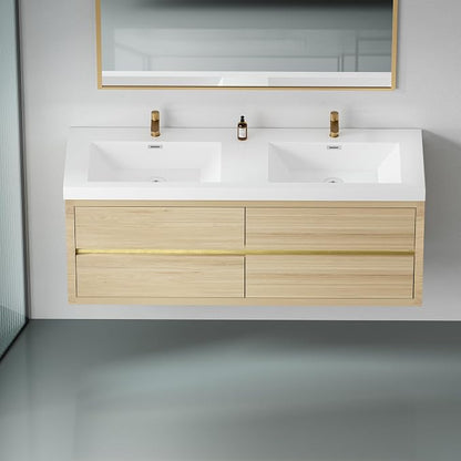 60" Floating Bathroom Vanity with Double Sinks, Wall-Mounted Bathroom Storage Vanity Cabinet with Resin Top Basin and Soft Close Drawers, Fully Assembled, Natural Oak