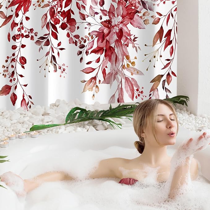 Burgundy Eucalyptus Shower Curtain, Watercolor Floral Print, 72x84 | Watercolor Plant Leaves Floral Print, Waterproof Fabric Bathroom Decor, Machine Washable, Rustproof Grommets