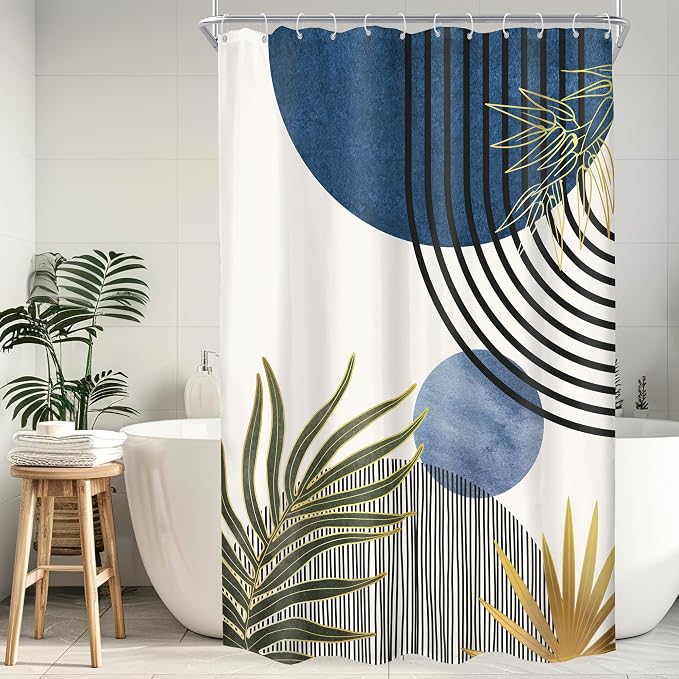 Mid Century Blue Green Boho Abstract Modern Bathroom Shower Curtain Set | 54Wx78H Chic Plants design, waterproof HD print with fast-drying fabric and 12 hooks.