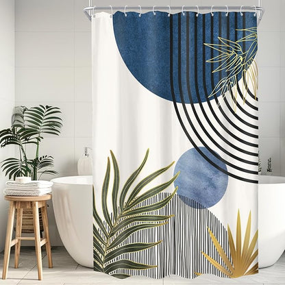 Mid Century Blue Green Boho Abstract Modern Bathroom Shower Curtain Set | 54Wx78H Chic Plants design, waterproof HD print with fast-drying fabric and 12 hooks.