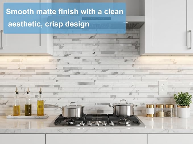 Yipscazo 40 Sheets Peel and Stick Stone Metal Backsplash Tiles, PVC Wall Tiles Stick on Backsplash for Kitchen, Bathroom (6'' X 12'', Smooth Marble White)