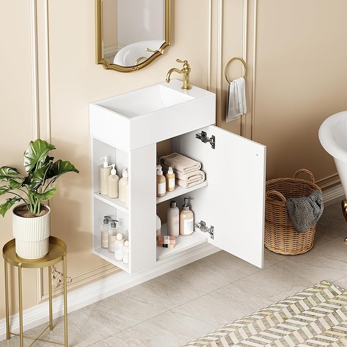 18.5" Floating Bathroom Vanity with Sink, Soft Closing Doors, Wood Modern Single Small Bathroom Vanity Cabinet with Open Shelf, Wall Mounted (White, Left Shelves)