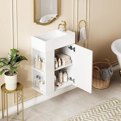 Merax 18.5" White Bathroom Vanity, Wall Mounted Floating Vanity with Doors & Open Shelf, Bathroom Storage Cabinet with White Ceramic Integrated Sink