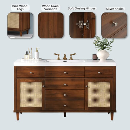 60 in Farmhouse Bathroom Vanity with Single Sink, Solid Wood& MDF Bathroom Sink Cabinet with 5 Drawers & 2 Soft-Closing Door,Freestanding