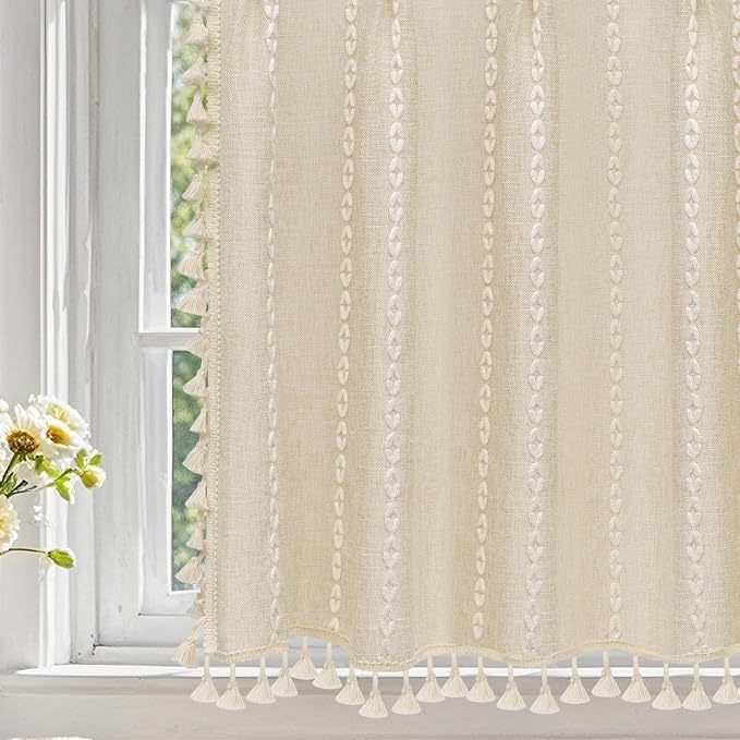Seenus Beige Boho Farmhouse Window Curtain with Tassels, 30 x 36 Inch Light Filtering Sheer Short Cafe Window Curtain Tier, Linen Textured Pleated Small Window Drape for Kitchen or Bathroom, 1 Panel
