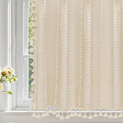 Seenus Beige Boho Farmhouse Window Curtain with Tassels, 30 x 36 Inch Light Filtering Sheer Short Cafe Window Curtain Tier, Linen Textured Pleated Small Window Drape for Kitchen or Bathroom, 1 Panel