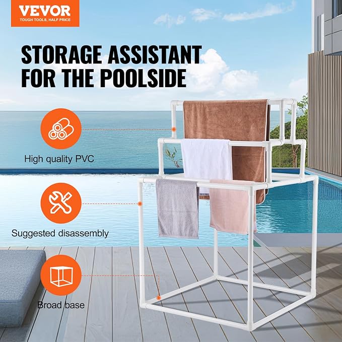 VEVOR Pool Towel Rack, 8 Bars Outdoor PVC Towel Holder, Freestanding Pool Towel Hanger Stand Next to Hot Tub, Outdoor Indoor Quilt Drying Rack Organizer, Ideal for Poolside, Bathroom, Spa, White