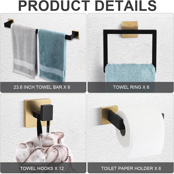 Gisafai 30 Pcs Black Gold Bathroom Hardware Accessories Set 23.6 Inch Bath Towel Bar Kit Stainless Steel Bathroom Hardware Set Towel Racks Ring Robe Hooks Paper Holder for Wall Mounted