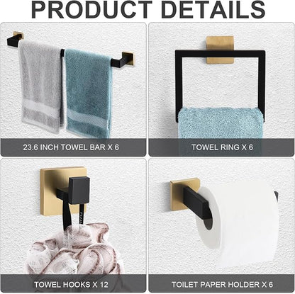 Gisafai 30 Pcs Black Gold Bathroom Hardware Accessories Set 23.6 Inch Bath Towel Bar Kit Stainless Steel Bathroom Hardware Set Towel Racks Ring Robe Hooks Paper Holder for Wall Mounted