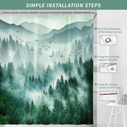 Green Misty Foggy Forest Mountain Shower Curtain for Bathroom 72W*72H Inch Nature Tree Woodland Bathtub Decor Pine Tree Natural Country Cool Masculine Aesthetic Waterproof Polyester Fabric