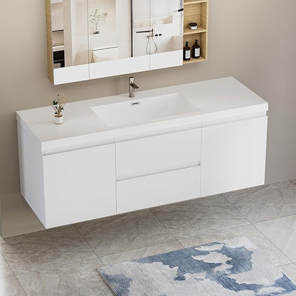 60 Inch Floating Bathroom Vanity with Single Sink, Modern Wall-Mounted Bathroom Vanity Storage Cabinet Organizer with 2 Soft Closing Doors & Drawers (White)