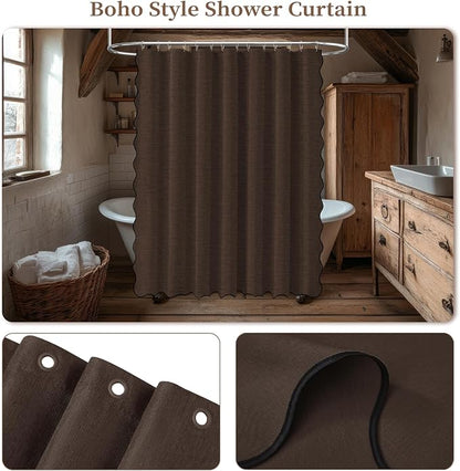 BTTN 84x72 Boho Scalloped Linen Textured Cloth Shower Curtain Set, Brown | Wide Size, 230GSM Waterproof Polyester, Heavy Duty Fabric, 14 Plastic Hooks, Elegant Modern Farmhouse Style, Machine Washable