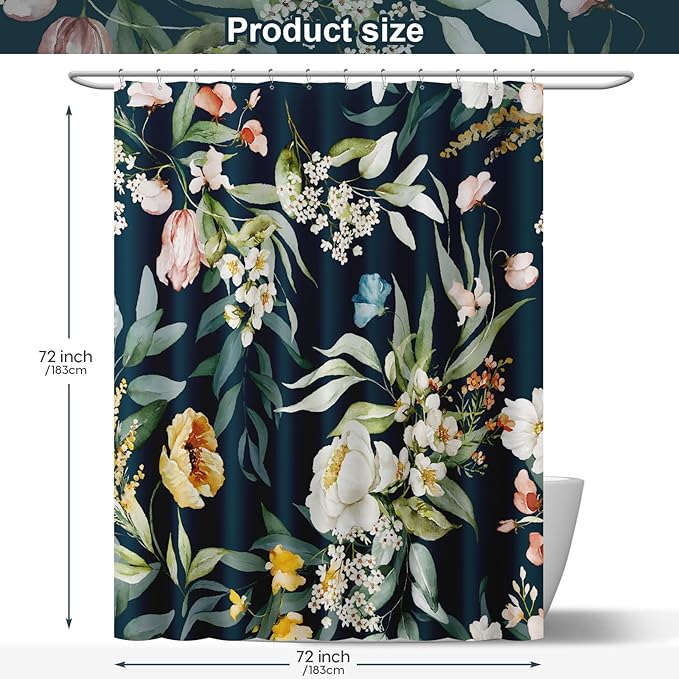Amaredom Black Floral Shower Curtain, Colorful Flowers Shower Curtain for Bathroom, Waterproof Fabric Shower Curtain Set with 12 Hooks 72x72 Inches
