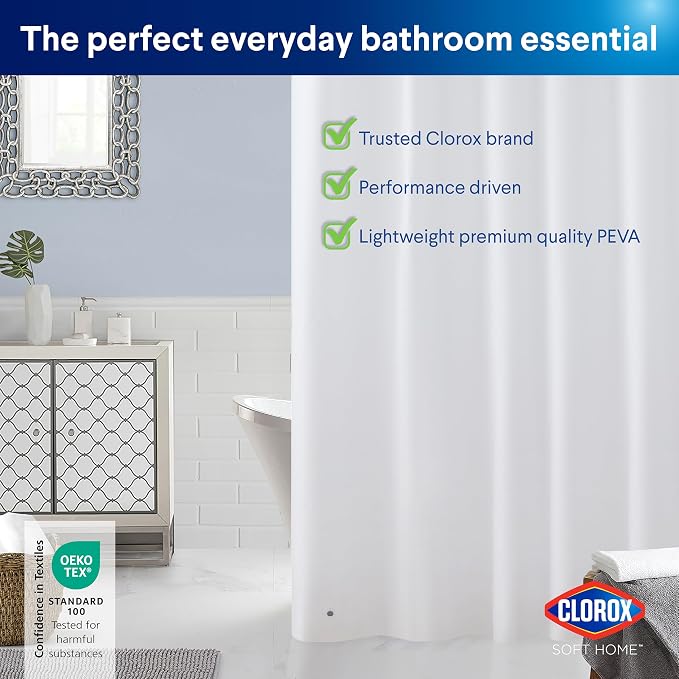 Clorox Shower Curtain Liner & Hooks, Premium Lightweight Flexible Waterproof 4g PEVA for Bathroom with Weighted Magnets, Standard Size 70" x 72", White 1 Pack