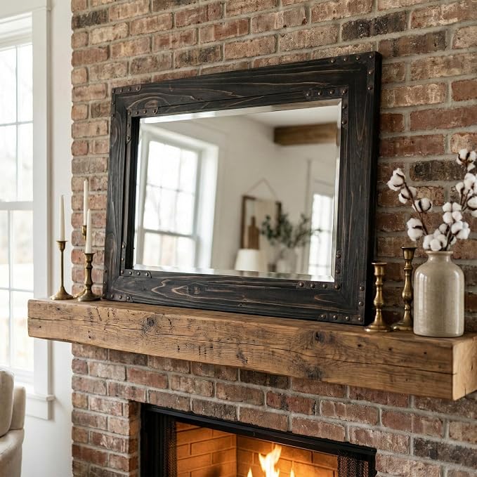 Rustic Black 24x36 Inch Wood Bathroom Vanity Mirror, Rivets | Industrial farmhouse, beveled glass edge, deep charcoal grain, single-sink bathrooms, hallways and entry consoles