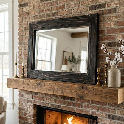 Rustic Black 24x36 Inch Wood Bathroom Vanity Mirror, Rivets | Industrial farmhouse, beveled glass edge, deep charcoal grain, single-sink bathrooms, hallways and entry consoles