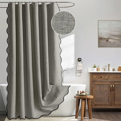 MIULEE 72"x84" Extra Long Scalloped Linen Shower Curtain Grey | Linen Textured, Waterproof, Washable, 12 Metal Hooks, Heavy Duty Cloth, Black Border, Shower Curtain for Bathroom Bathtub