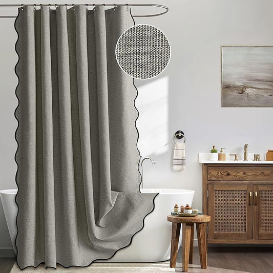 MIULEE 72"x84" Extra Long Scalloped Linen Shower Curtain Grey | Linen Textured, Waterproof, Washable, 12 Metal Hooks, Heavy Duty Cloth, Black Border, Shower Curtain for Bathroom Bathtub