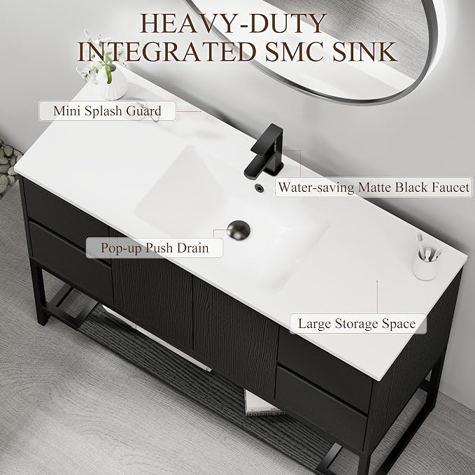 LUCKWIND 48" Modern Bathroom Vanity with Single White Sink Combo, Freestanding Storage Cabinet with Metal Frame, Matte Black Faucet and Open Shelf and 2 Soft-Closing Door, Black